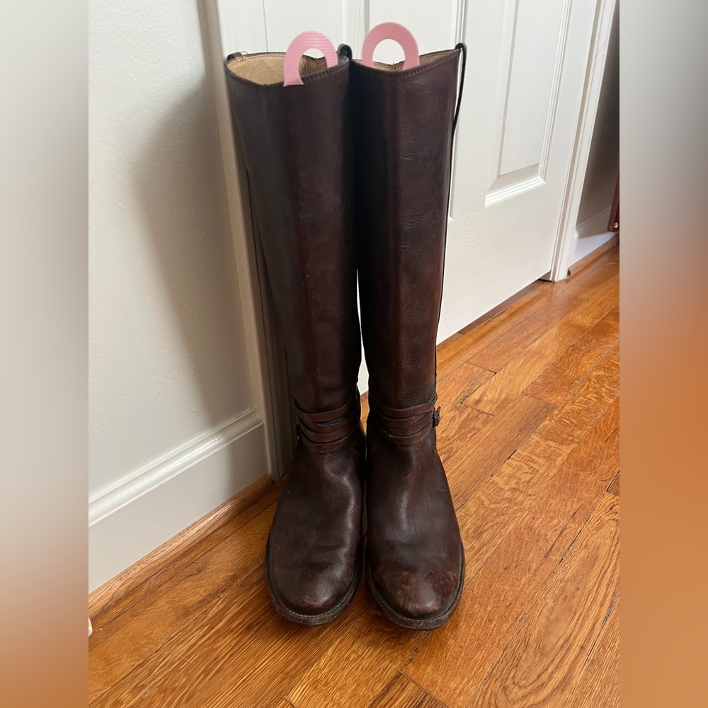 Frye Shirley Riding Plate Boot 11 Dark Brown Stone Wash